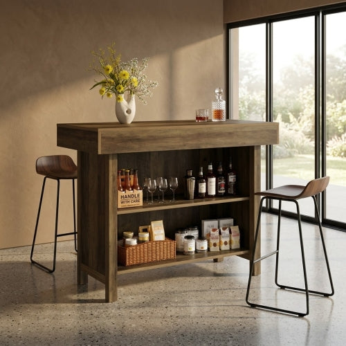 57.48" Industrial Bar Unit Counter Height Bar Table with 2-Tier Storage Shelf and Metal Footrest for Home Bar Dining Rustic Brown