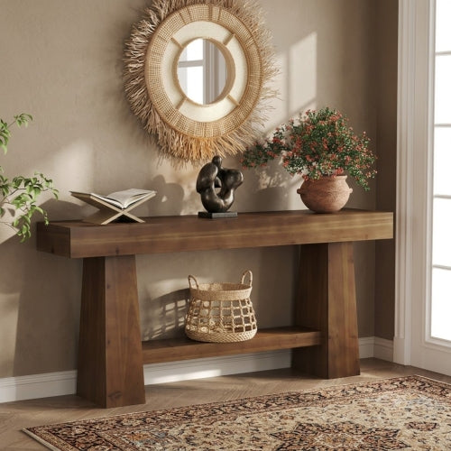 63" Solid Wood Console Table, 2-Tier Farmhouse Entryway Sofa Table with Storage Shelf Rustic Brown