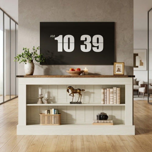 63" Modern TV Stand for Up to 75" TVs, Farmhouse Entertainment Center Media Console with Open Shelves Rustic White & Brown