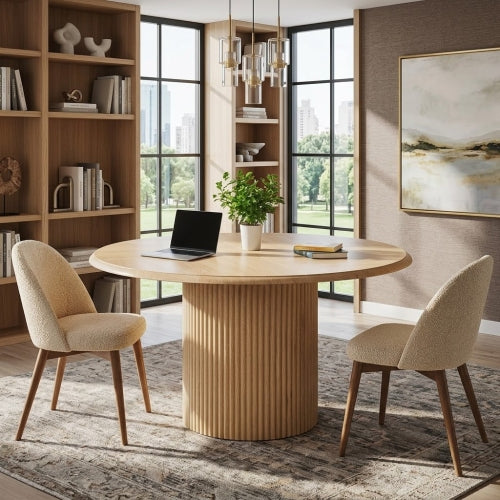 47" Round Conference Table with Fluted Metal Base, Meeting Table for 4–6 People, Modern Office Desk Light Brown