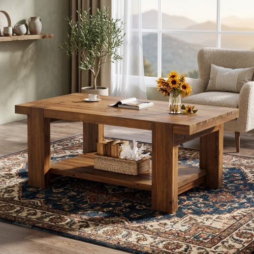 Wood Coffee Table 47.2" Solid Wood Rectangle Center Table with 2-Tier Storage Shelf and Thick Tabletop Rustic Brown