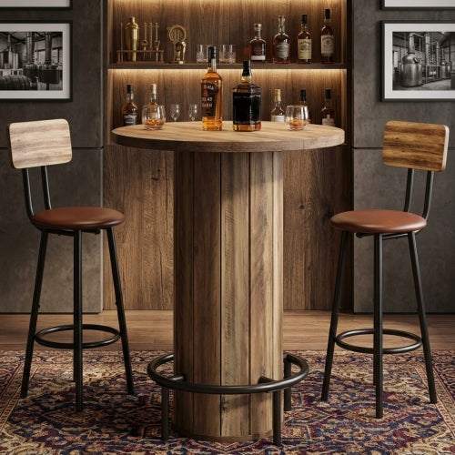 31.5" Round Bar Table with Footrest, Farmhouse Bistro Pub Table with Fence-Style Base & Rustic Brown Wood Finish