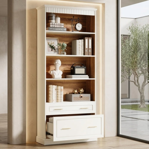 Bookshelf 72" 5-Shelf Bookcase with Drawers Freestanding Display Shelf White