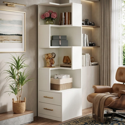 Corner Bookcase 66.9" L-Shaped Bookshelf 5-Tier Shelf with 2 Drawers White