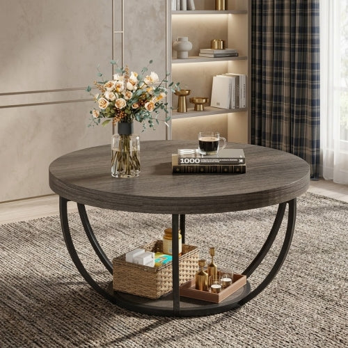 Coffee Table Round 2-Tier Central Cocktail Table with Shelves Engineered Wood Top Metal Frame Wood Grain Finish
