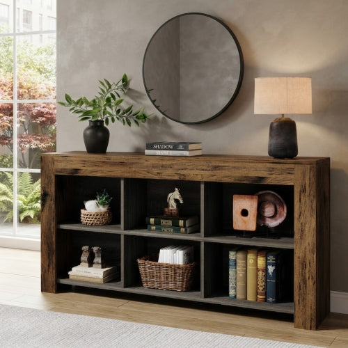 Console Table 63" Narrow Sofa Table Entryway Table with 6 Storage Cubes and Display Shelves Rustic Brown
