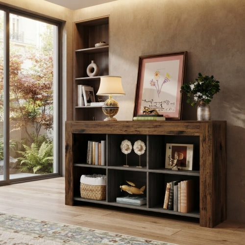 Console Table 63" Narrow Sofa Table Entryway Table with 6 Storage Cubes and Display Shelves Rustic Brown