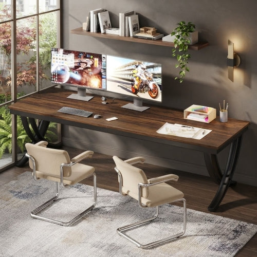 2 Person Desk 78.74" Industrial Double Computer Desk with Metal Frame Large Workstation for Office Study and Gaming Brown & Black