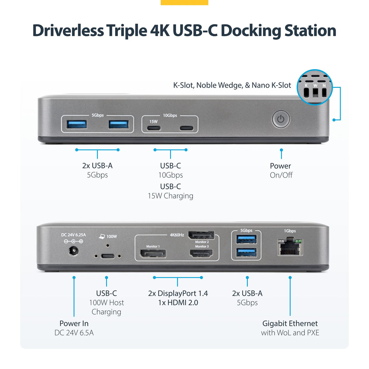 StarTech USB-C Triple 4K Docking Station, 100W Power Delivery, 2 DisplayPort & HDMI, 6 USB Ports, Gigabit Ethernet – TAA Compliant