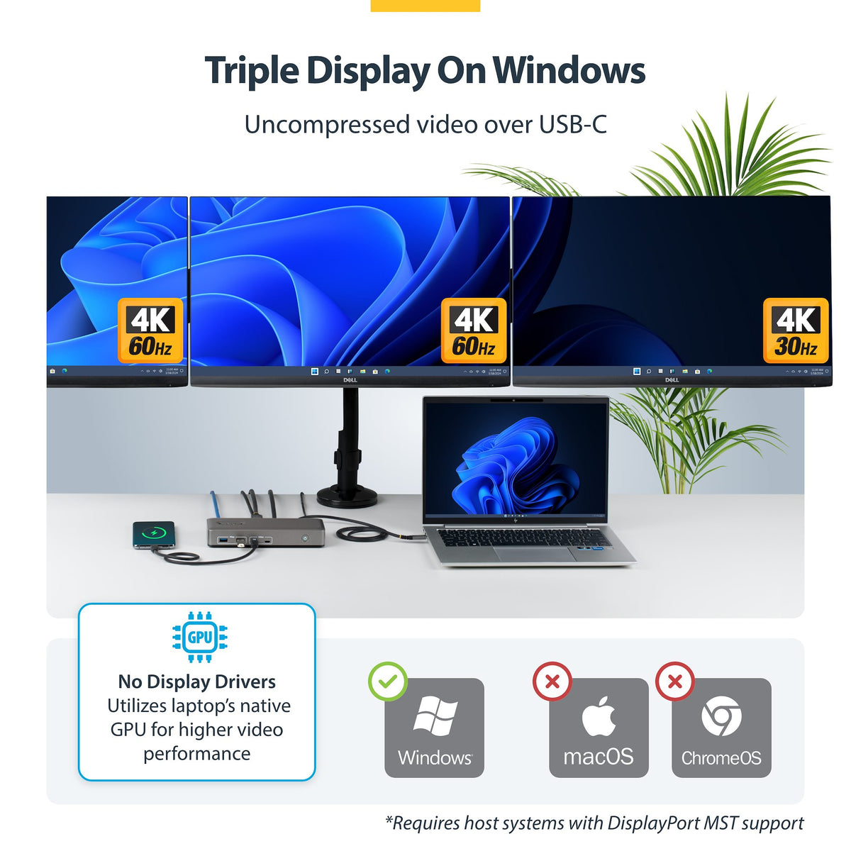 StarTech USB-C Triple 4K Docking Station, 100W Power Delivery, 2 DisplayPort & HDMI, 6 USB Ports, Gigabit Ethernet – TAA Compliant