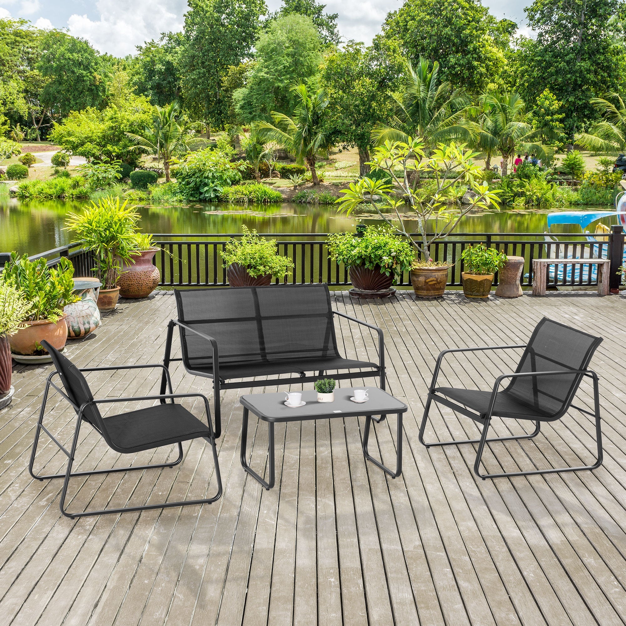 Outsunny 4 PCs Patio Furniture Set with Texteline Seat Outdoor Conversation Set with Loveseat, Center Coffee Table, Black