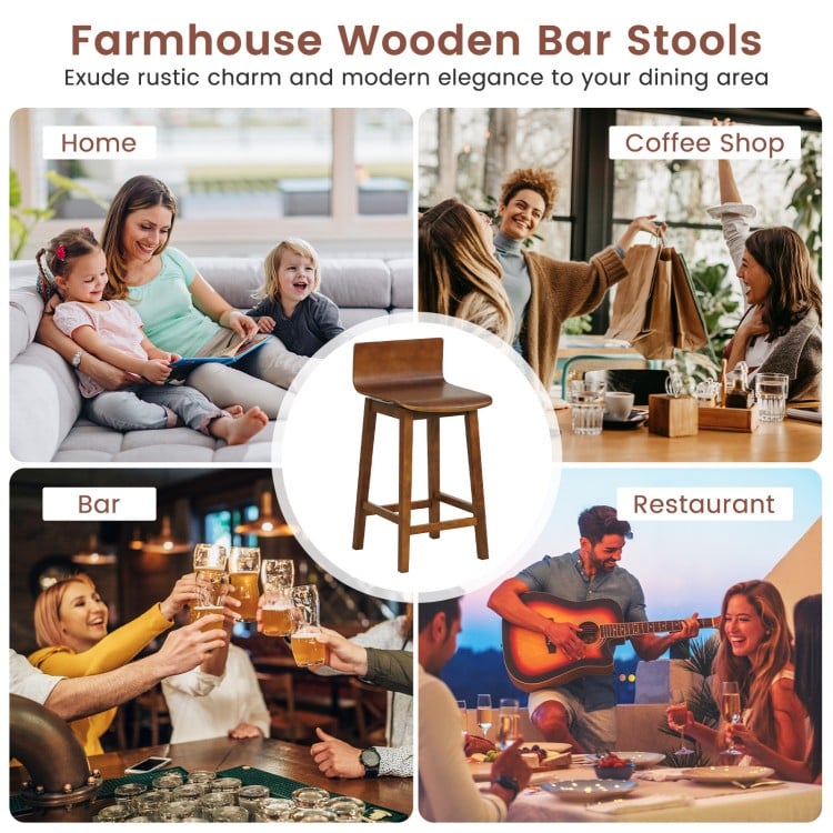 24.5 Inch Swivel Wooden Bar Stools Set of 2 with Rubber Wood Legs and Low Back-Walnut