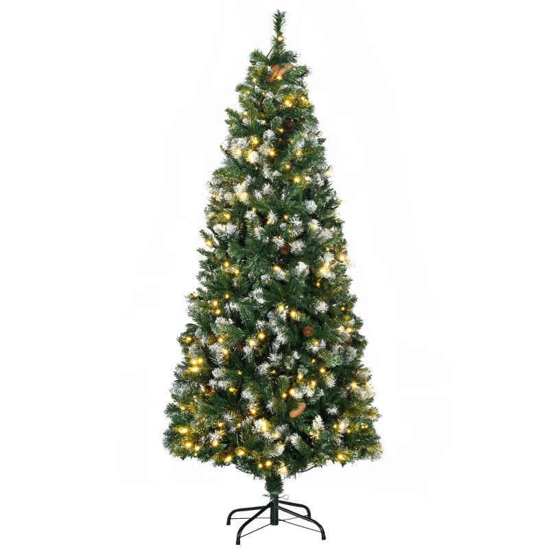 HOMCOM 7.5ft Decorated Skinny Pre-Lit Artificial Christmas Tree – Snow-Dipped Branches with Pinecones, Auto Open Design
