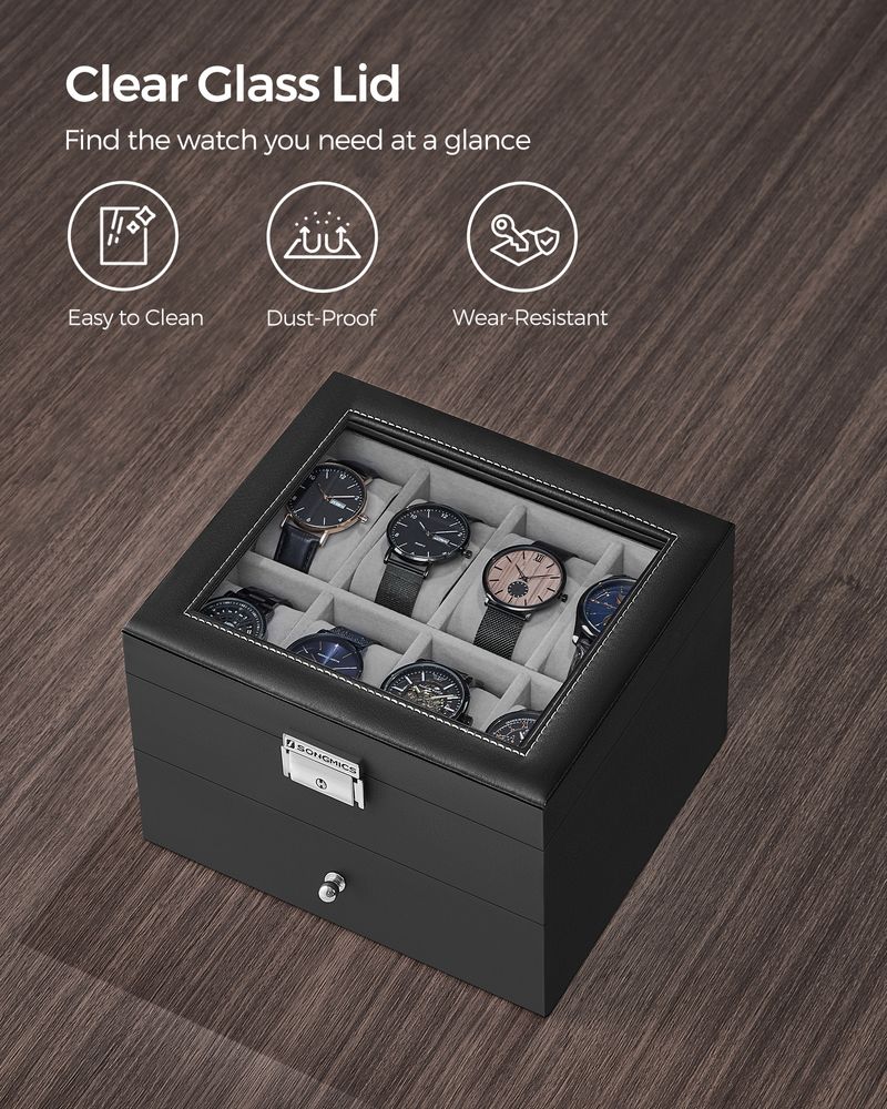 SONGMICS 16 & 20-Slot Watch Box with Glass Lid