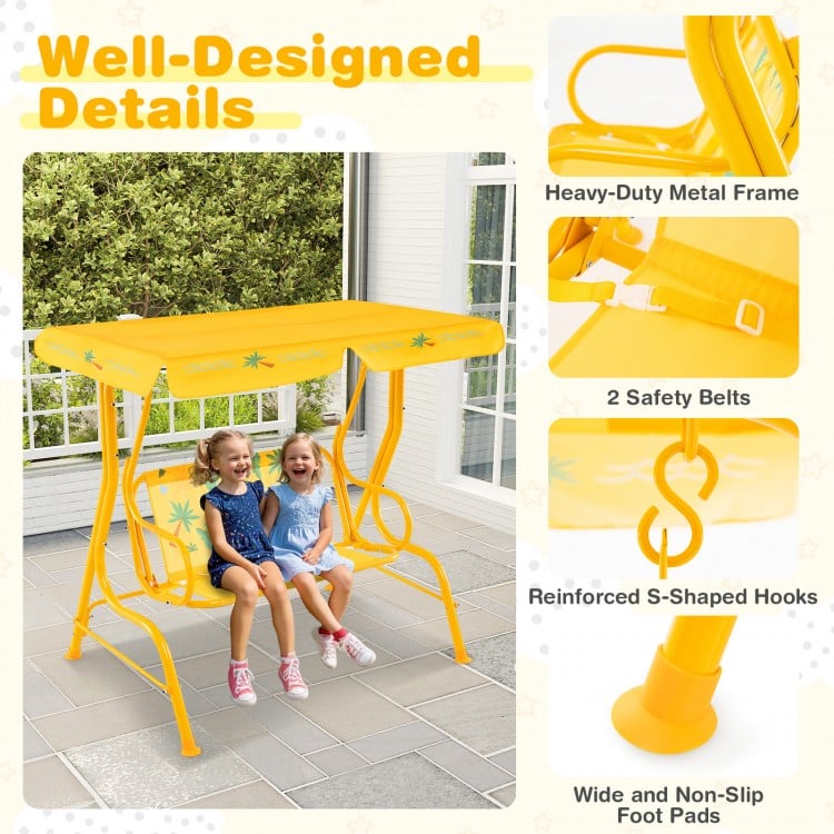 2-Seater Kids Patio Swing with Metal Stand and Adjustable Canopy-Yellow
