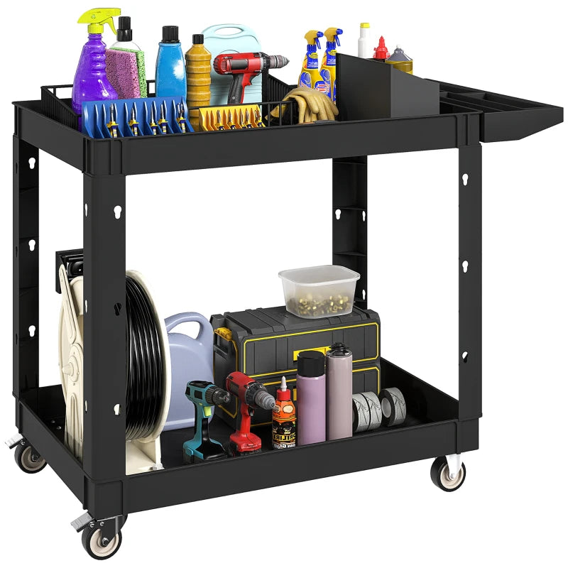 2-Tier Rolling Tool Cart with Wheels, 500 LBS Capacity Plastic Utility Cart with Handle for Garage, Warehouse, Black