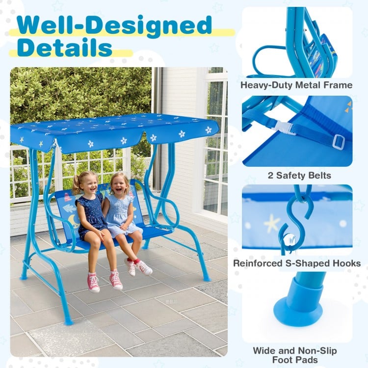 2-Seater Kids Patio Swing with Metal Stand and Adjustable Canopy-Bule