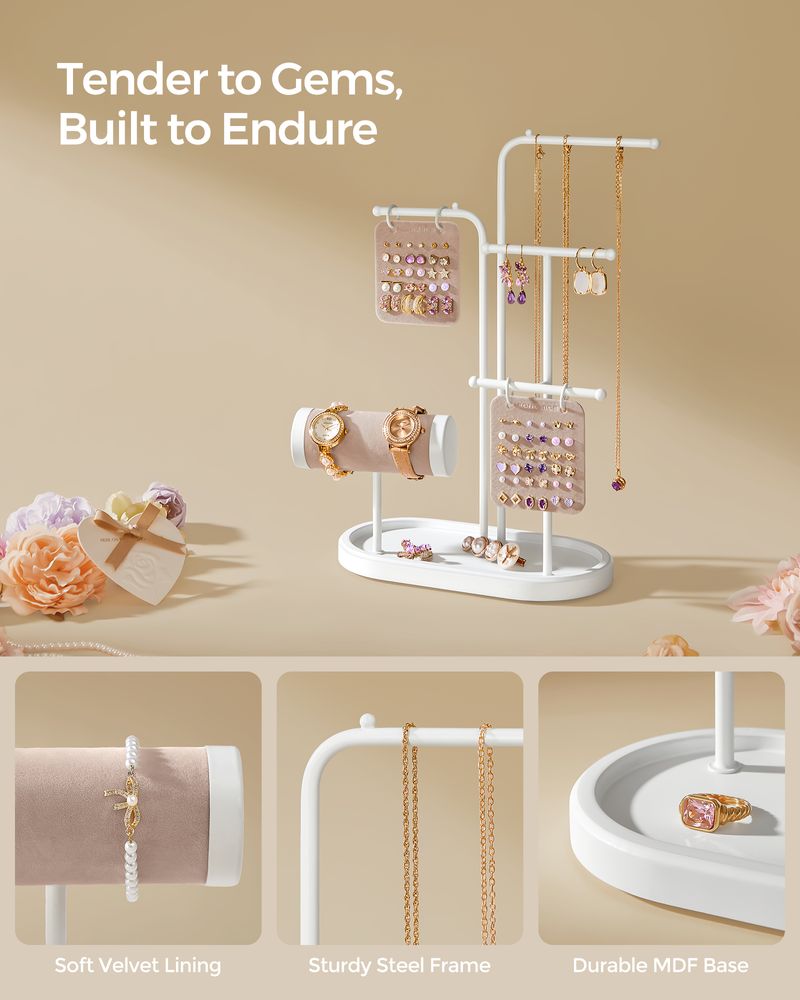 SONGMICS Jewelry Stand with Metal Frame, 2 Earring Boards, 4 Hanging Rods