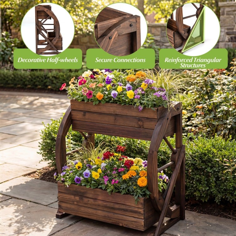 2-tier Raised Garden Bed Rustic Wood Wagon Planter with Drainage Holes and Semi-wheels-Coffee