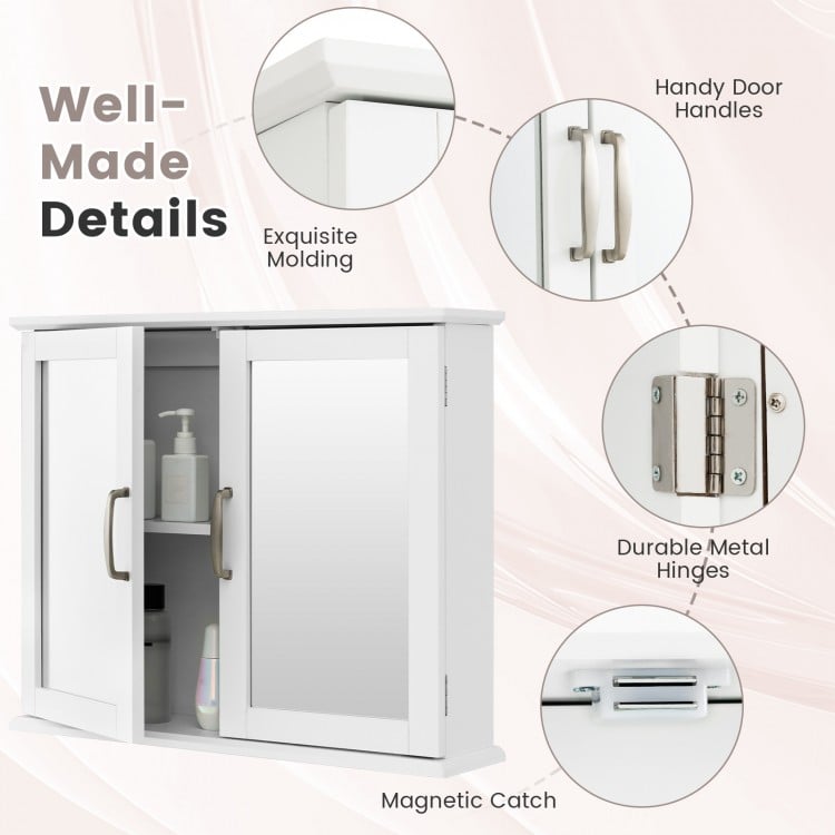 2-Tier Bathroom Wall-Mounted Mirror Storage Cabinet with Handles-White