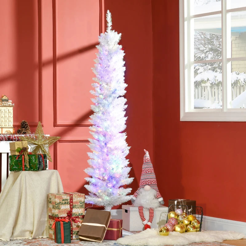 HOMCOM 6ft Pre-Lit Pencil Artificial Christmas Tree – Colourful Surface Tips with Colourful LED Lights, White