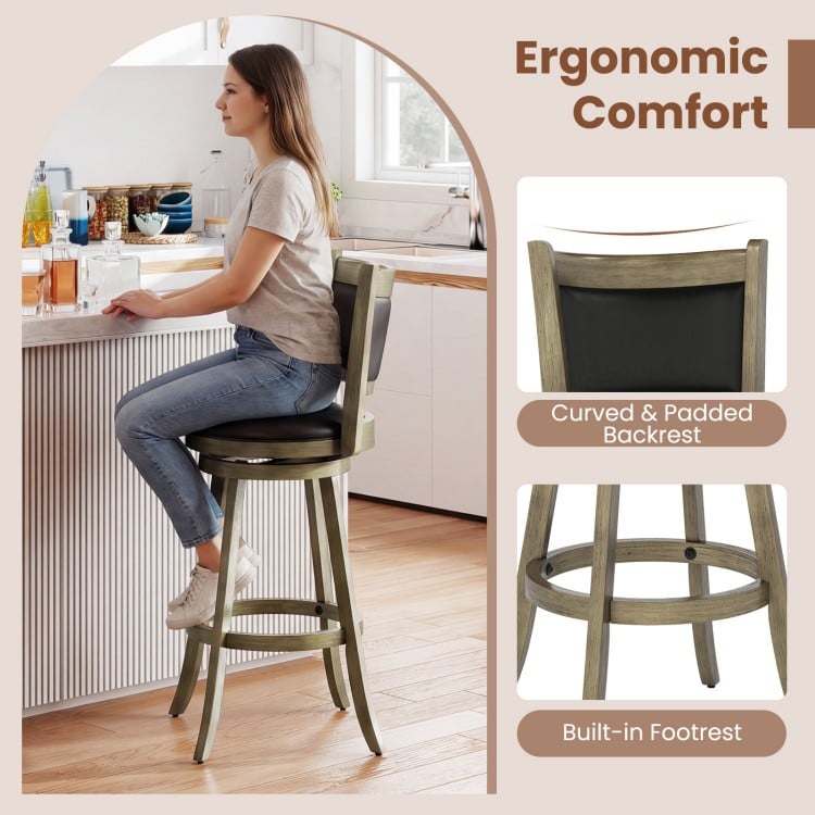 2 Pieces 29 Inch Wooden Swivel Height Bar Stool with PVC Cushioned Seat-Gray