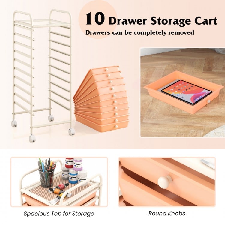 10 Drawer Rolling Storage Cart Organizer with 4 Universal Casters-Cherry