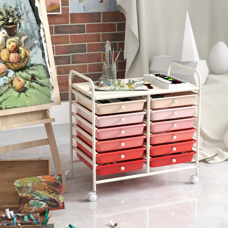 12 Drawers Rolling Storage Cart for Home and Office-Pink