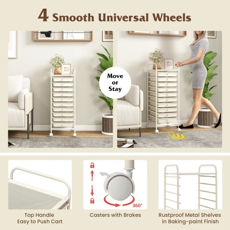 10 Drawer Rolling Storage Cart Organizer with 4 Universal Casters-White