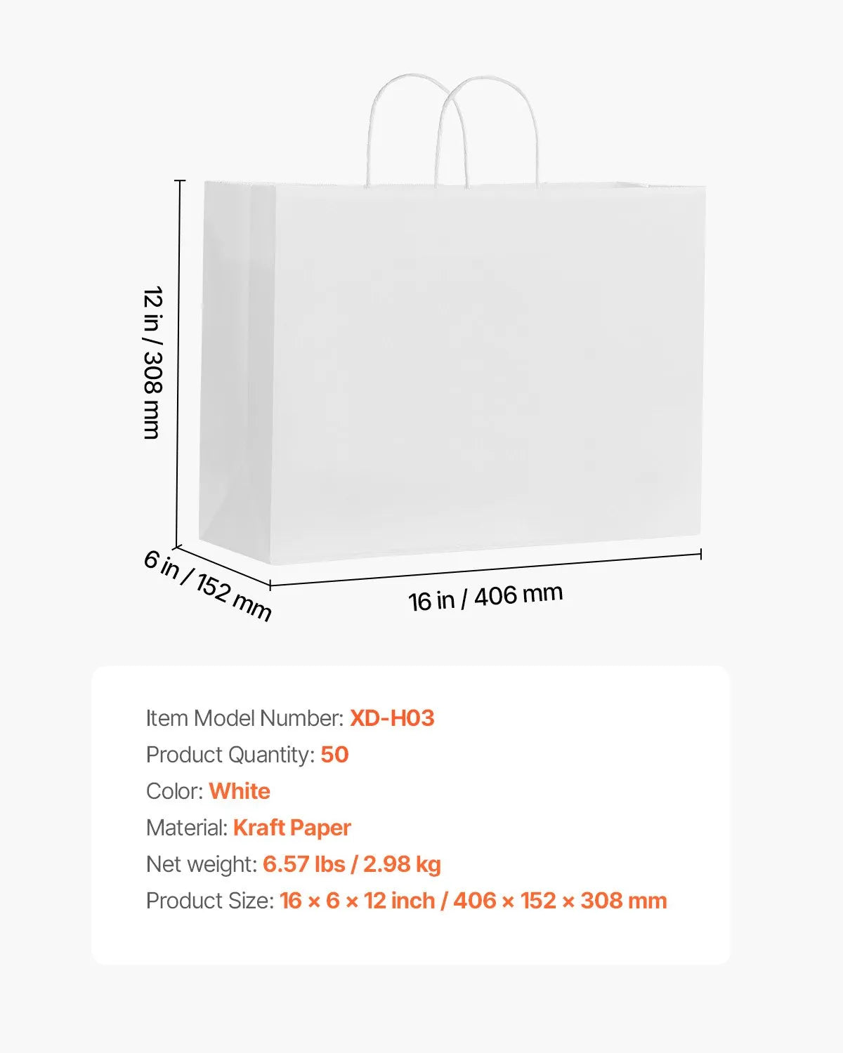 VEVOR Kraft Paper Bags with Handles – 50/100Pcs, 16 x 6 x 12 in, Large Reusable & Recycled Grocery/Party Bags – White, Brown, Black