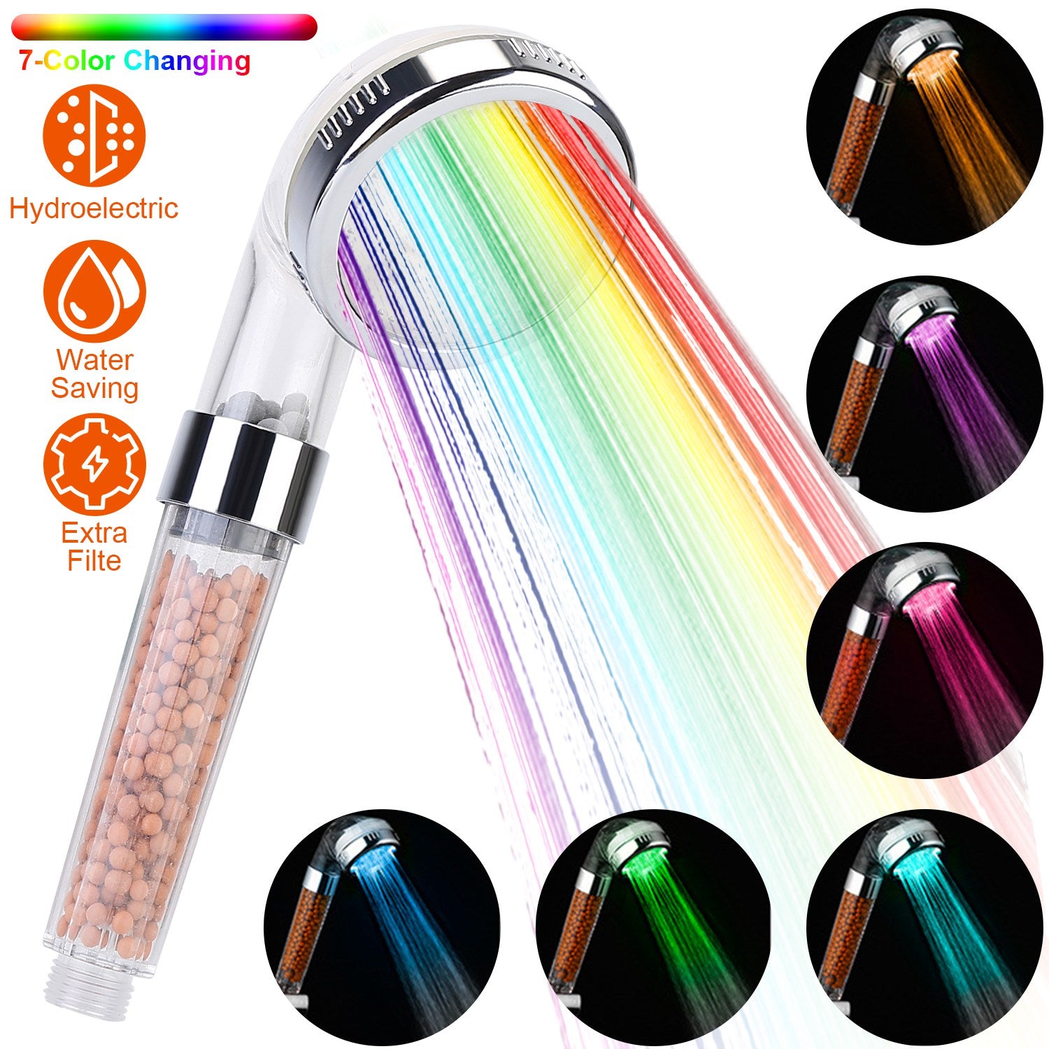 Handheld Shower Head High Pressure Powerful Filter Shower Head with 7 Colors Changing Light