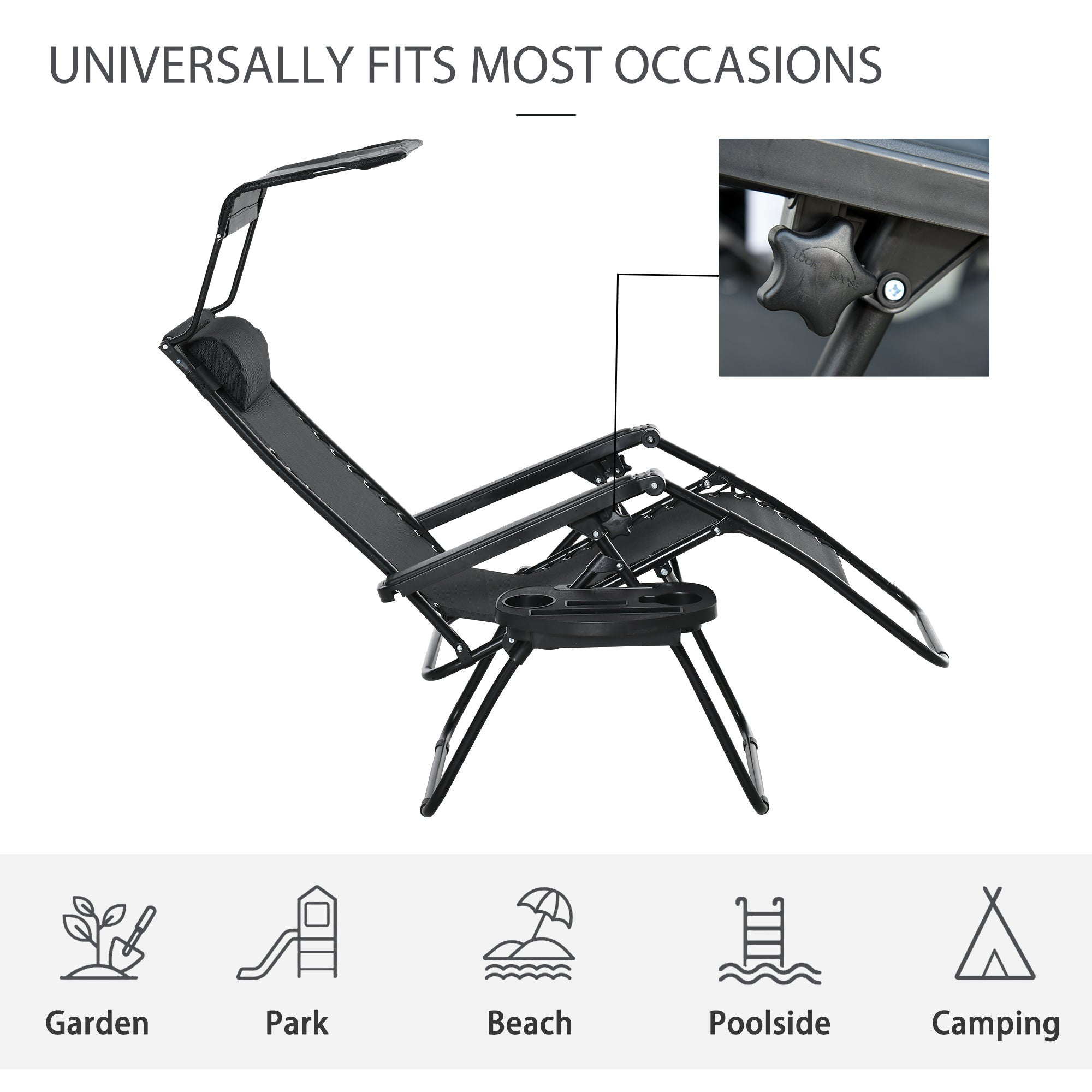Outsunny Outdoor Zero Gravity Reclining Lounger Chair with Canopy Shade, Side Tray, Cupholder, Black
