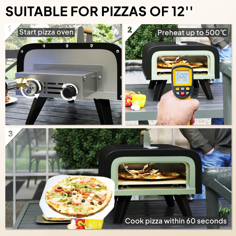 Outdoor Tabletop Gas Pizza Oven with 12" Stone and Peel, Portable Pizza Oven Maker with Thermometer, Foldable Legs, Handle, Gas Hose and Regulator, Black