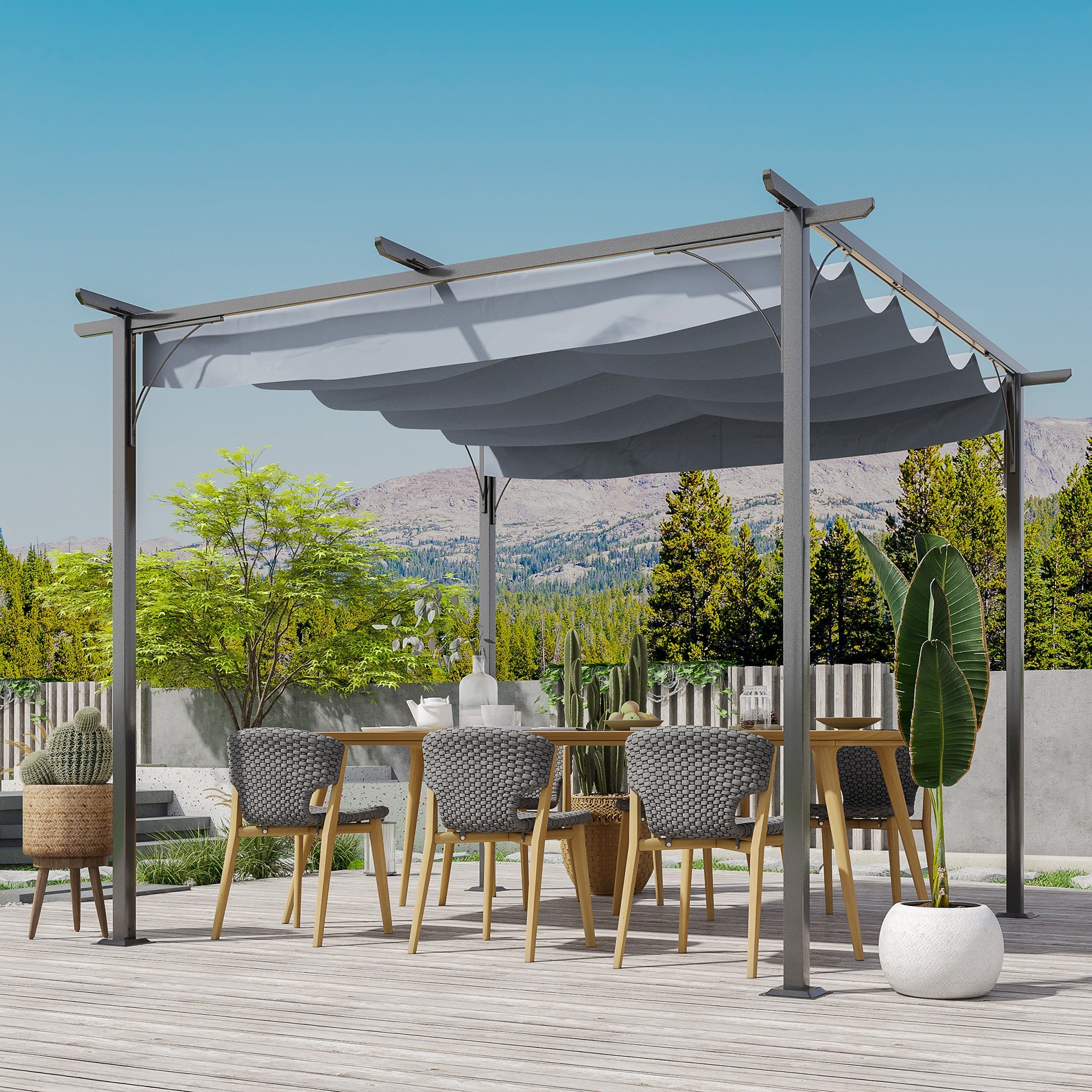 Outsunny 10'x10' Pergola Retractable Gazebo Shade Deck Shelter with Steel Frame, Polyester Canopy, Grey