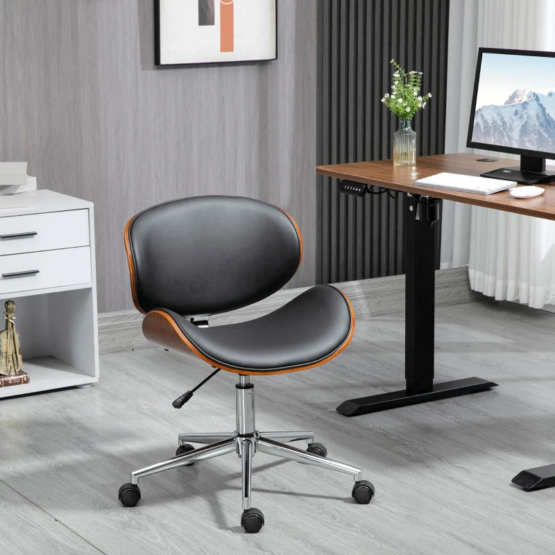 Office Chair, Faux Leather and Bentwood Computer Desk Chair with 360 Degree Swivel Wheels, Adjustable Height and Curved Seat, Black