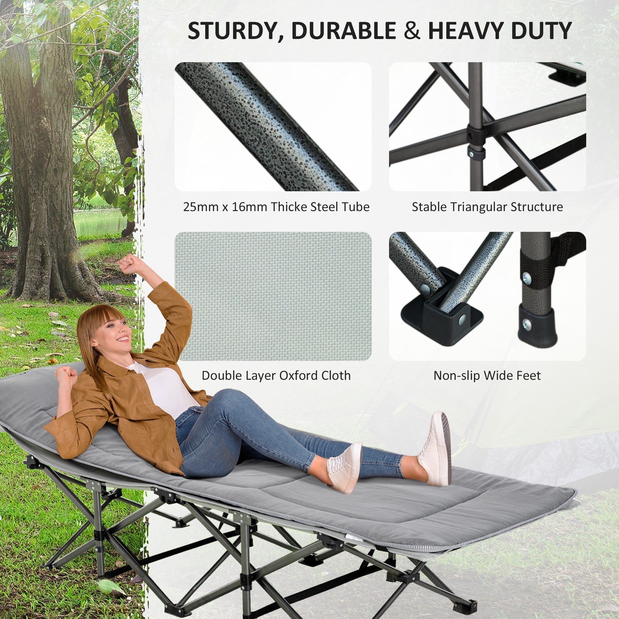 Outsunny Folding Camping Cot for Adults with Mattress Pillow Double Layer Oxford Heavy Duty Sleeping Cot Carry Bag Grey