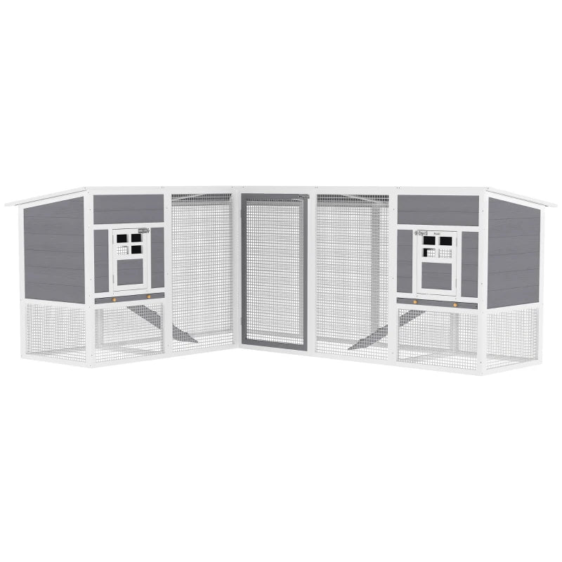 Chicken Coop with Run, L-Shaped Wooden Chicken House with 2 Houses, Outdoor Hen House with Waterproof Roof and Ramps