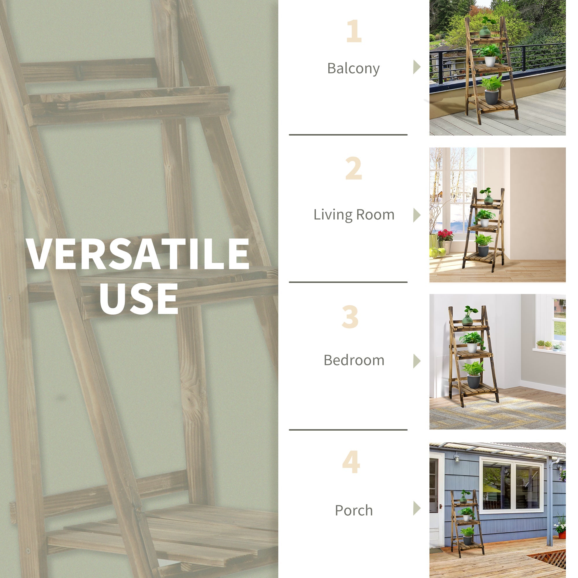 Outsunny Outdoor Plant Stand, Foldable Flower Stand 3-Tier Wooden Plant Shelf for Garden Indoor Outdoor, 16" x 15" x 37''