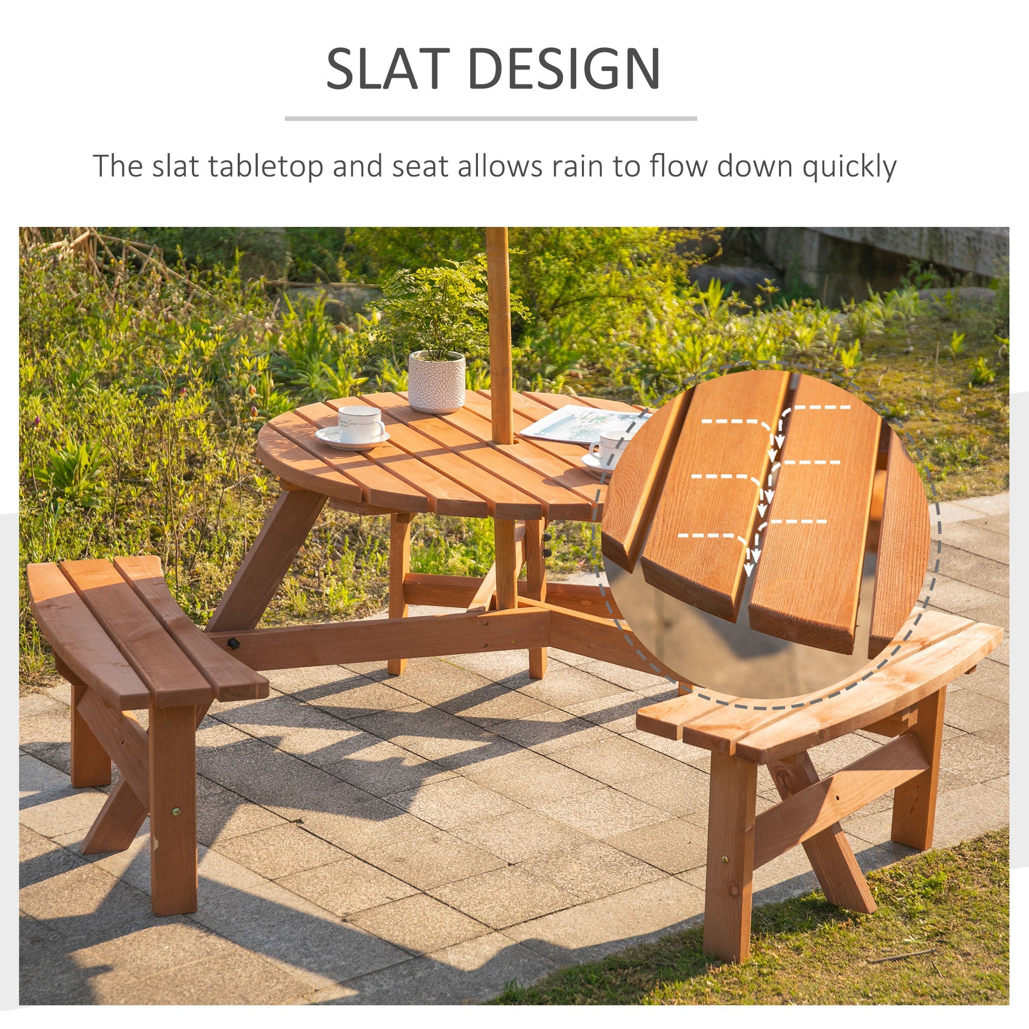 Outsunny Wood Patio 6 Person Round Picnic Table Bench Set with Umbrella Hole for Backyard Brown