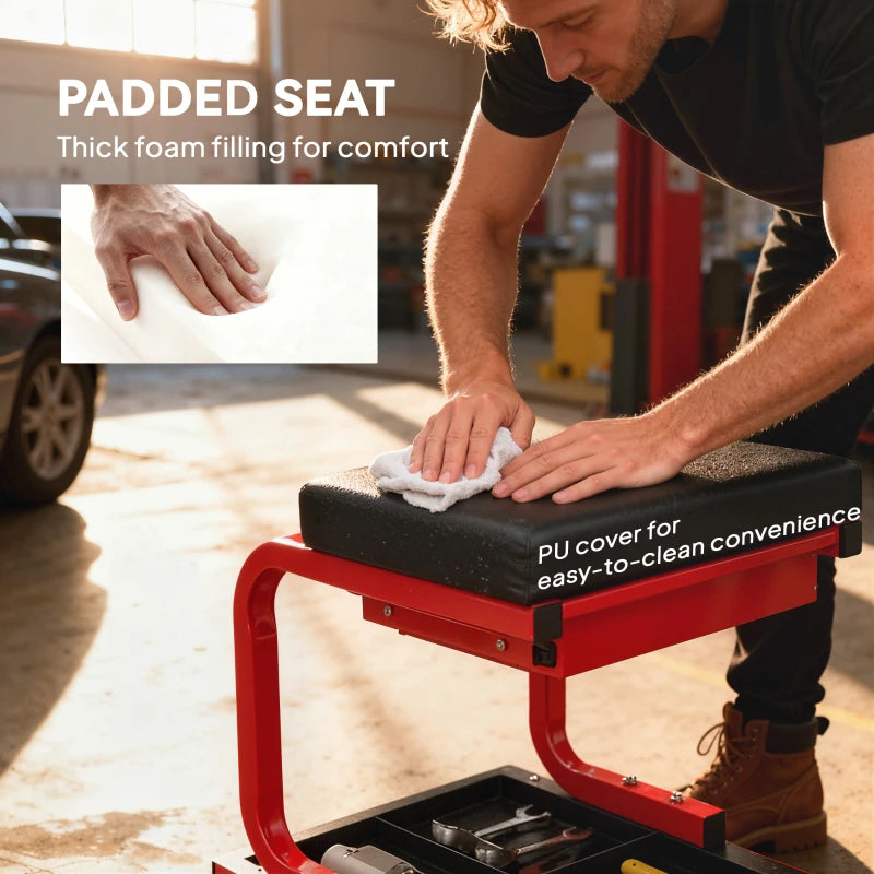 Rolling Garage Stool, 300 LBS Capacity Mechanic Stool with, Tool Trays Storage, Drawer, Black