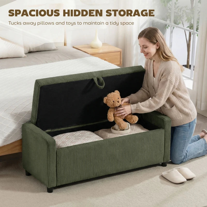 Storage Ottoman, Upholstered Corduroy End of Bed Bench with Thick Padding, Storage Bench for Bedroom, Dark Green