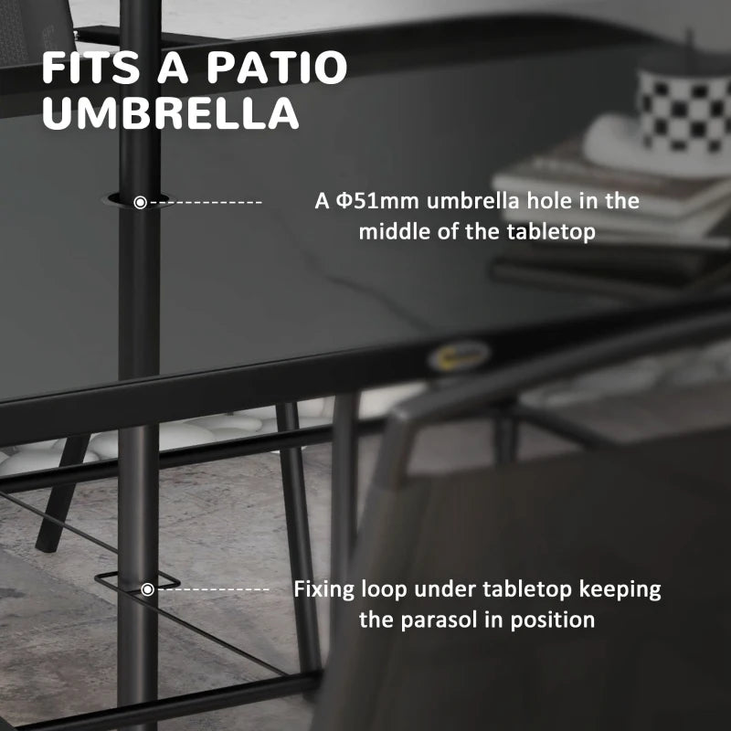 8 Piece Patio Set with Umbrella, 6 Folding Chairs, Rectangle Table, Outdoor Dining Set for 6 with Mesh Seat, Black