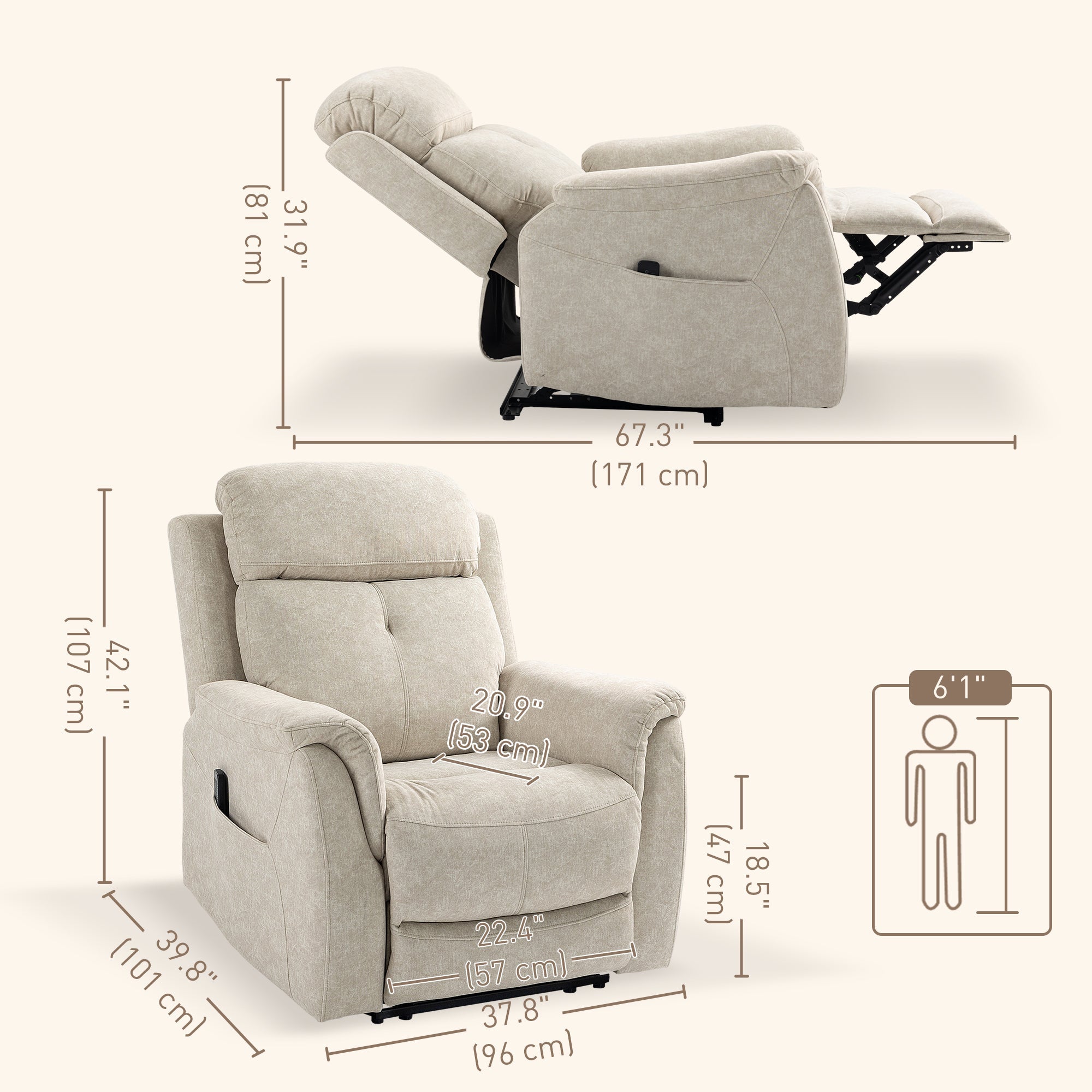 HOMCOM Manual Recliner Chair with Vibration Massage, Beige - Cozy Reclining Chair for Living Room with Side Pockets