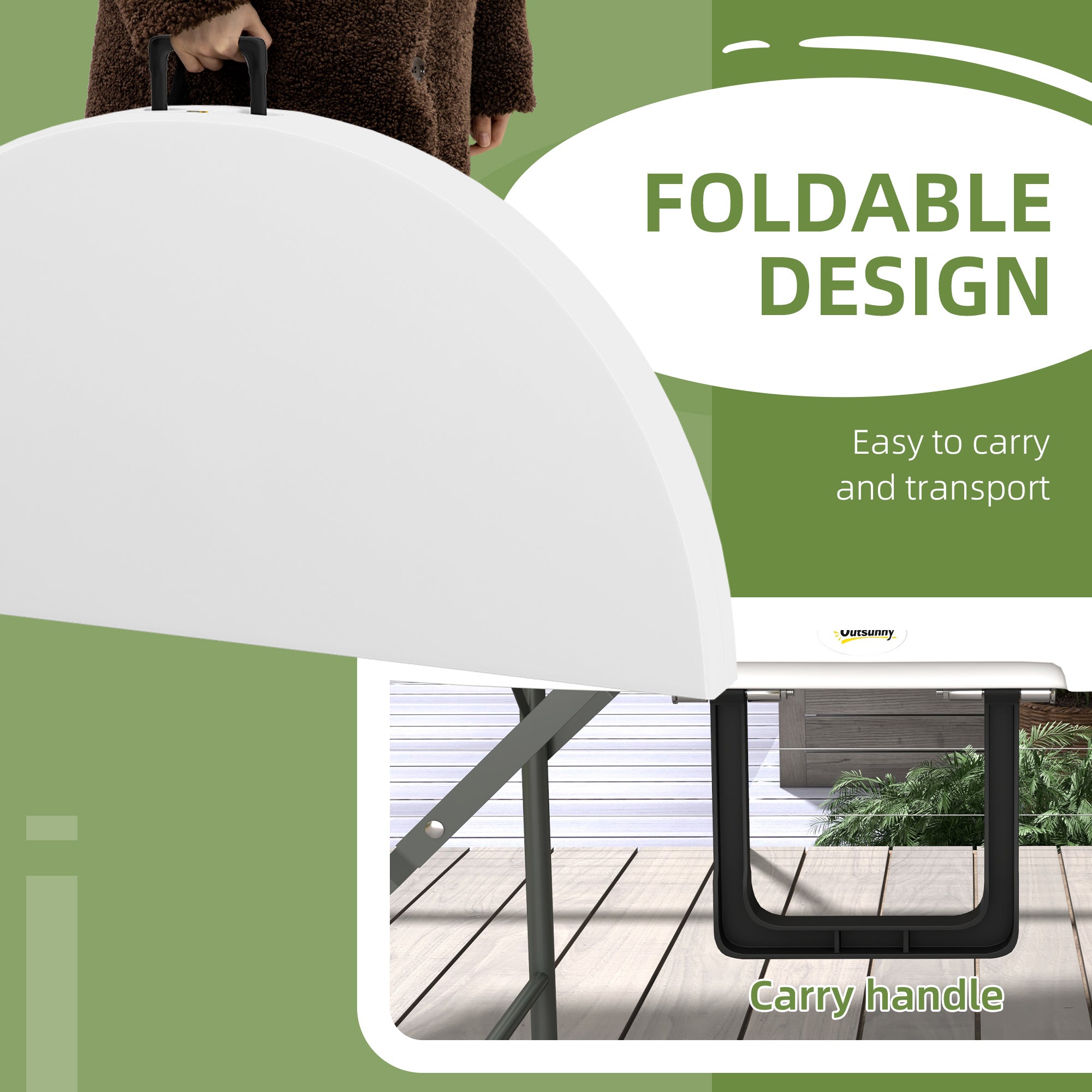 Outsunny Φ48" Folding Patio Table Outdoor HDPE Picnic Card Table for 6 Round Metal Frame White