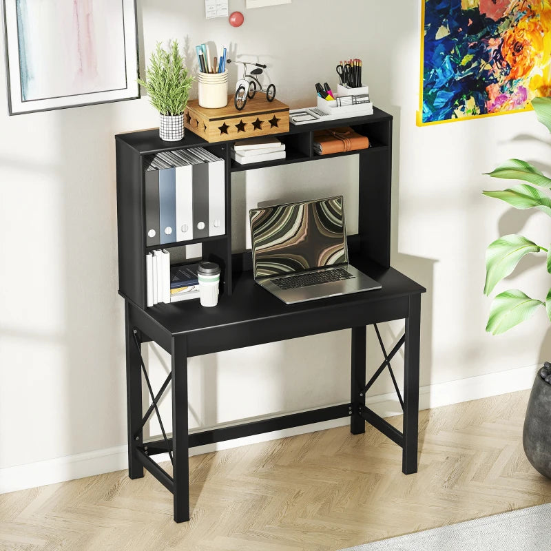 Computer Desk with Hutch, Home Office Table with Storage Shelves and Open Compartments for Writing, Work, Black