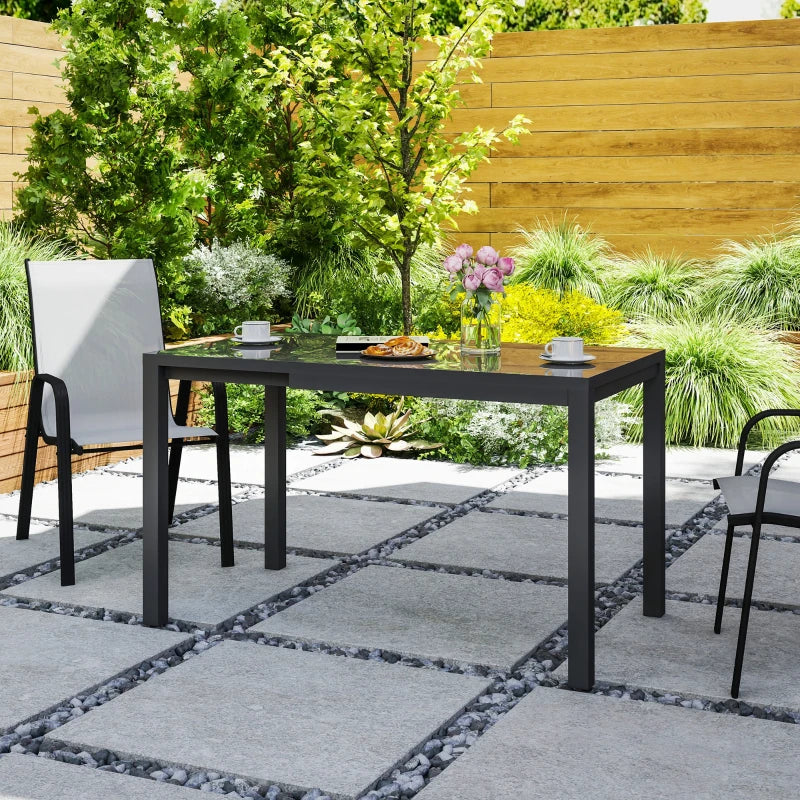 Extendable Patio Dining Table, 33.5"-49.2" Adjustable Outdoor Dining Table for 4-6 Person, with Tempered Glass Top, Metal Frame, for Lawn, Garden, Dark Grey