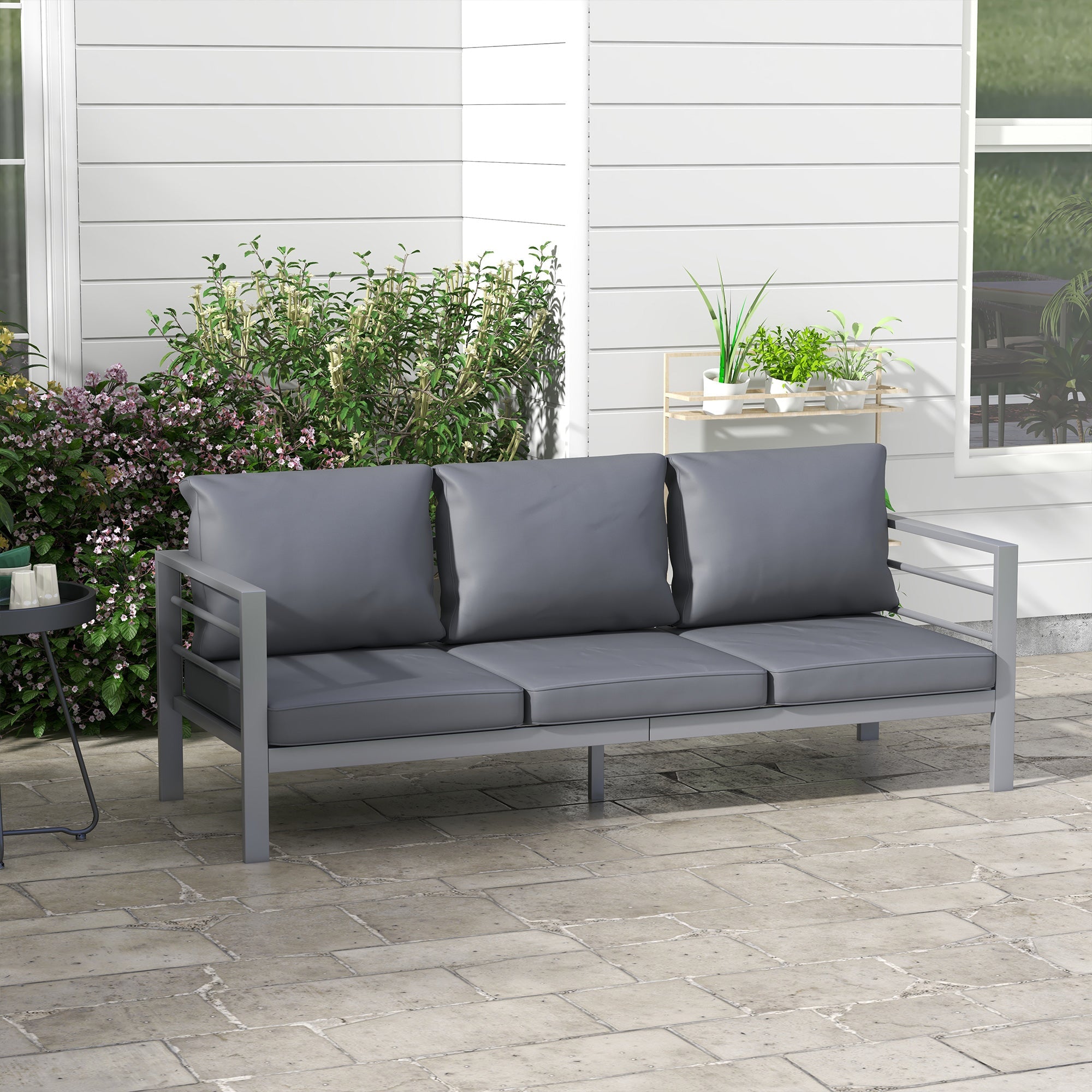 Outsunny Aluminum 3-Person Garden Sofa Outdoor Couch with Cushions Backyard Furniture Grey