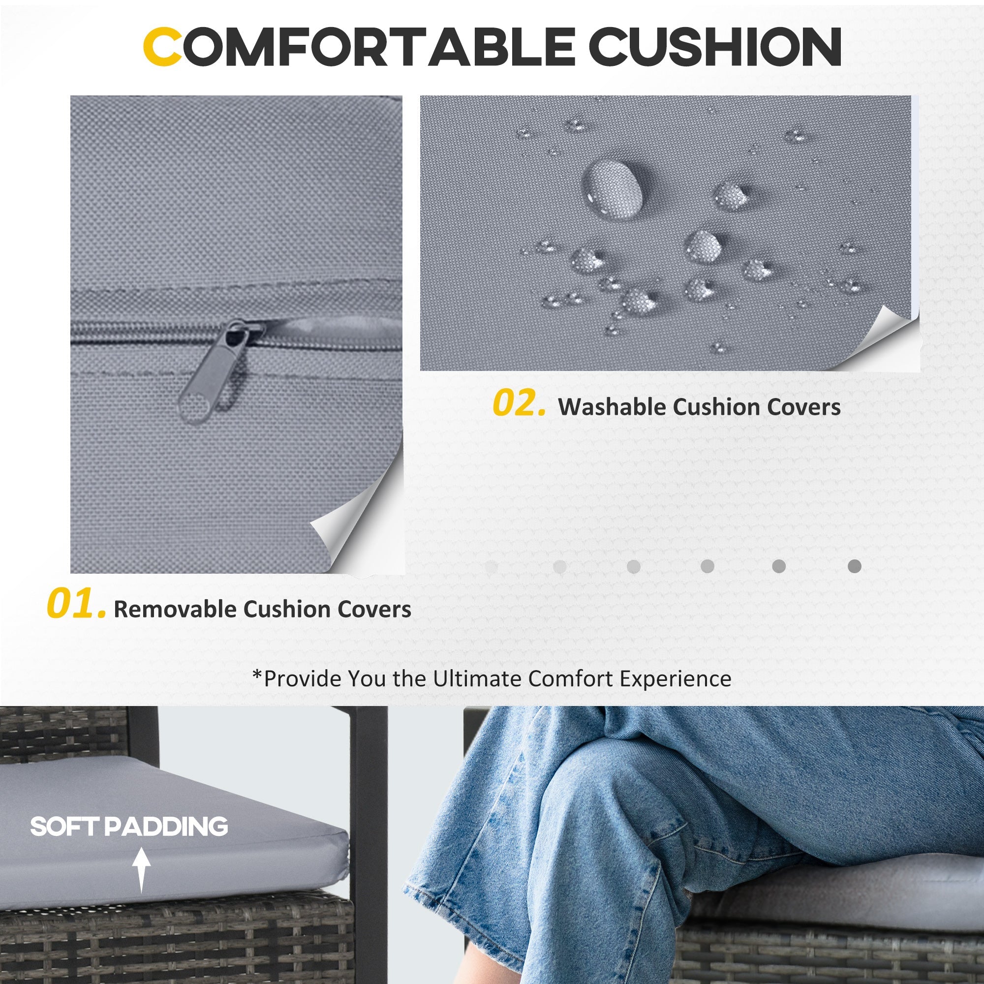 Outsunny 3 Pieces Patio Bistro Set, Outdoor PE Rattan Garden Porch Furniture w/ Cushioned Chairs & Tea Table Patio Furniture, Grey