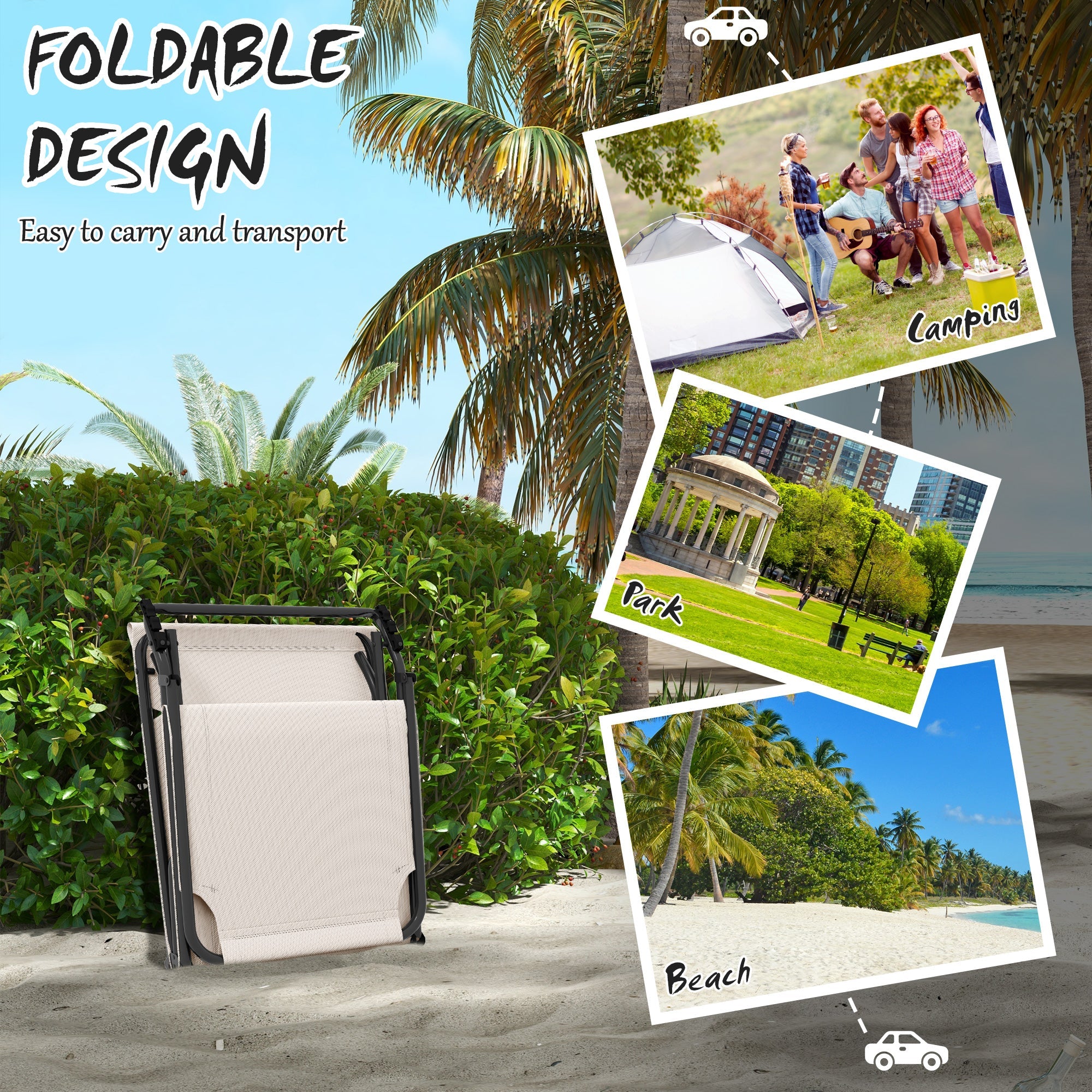 Outsunny Breathable Bliss: Folding Lounge Chair with Reclining Back, Cushioned Mesh Fabric, Side Pocket, and Headrest, Beige