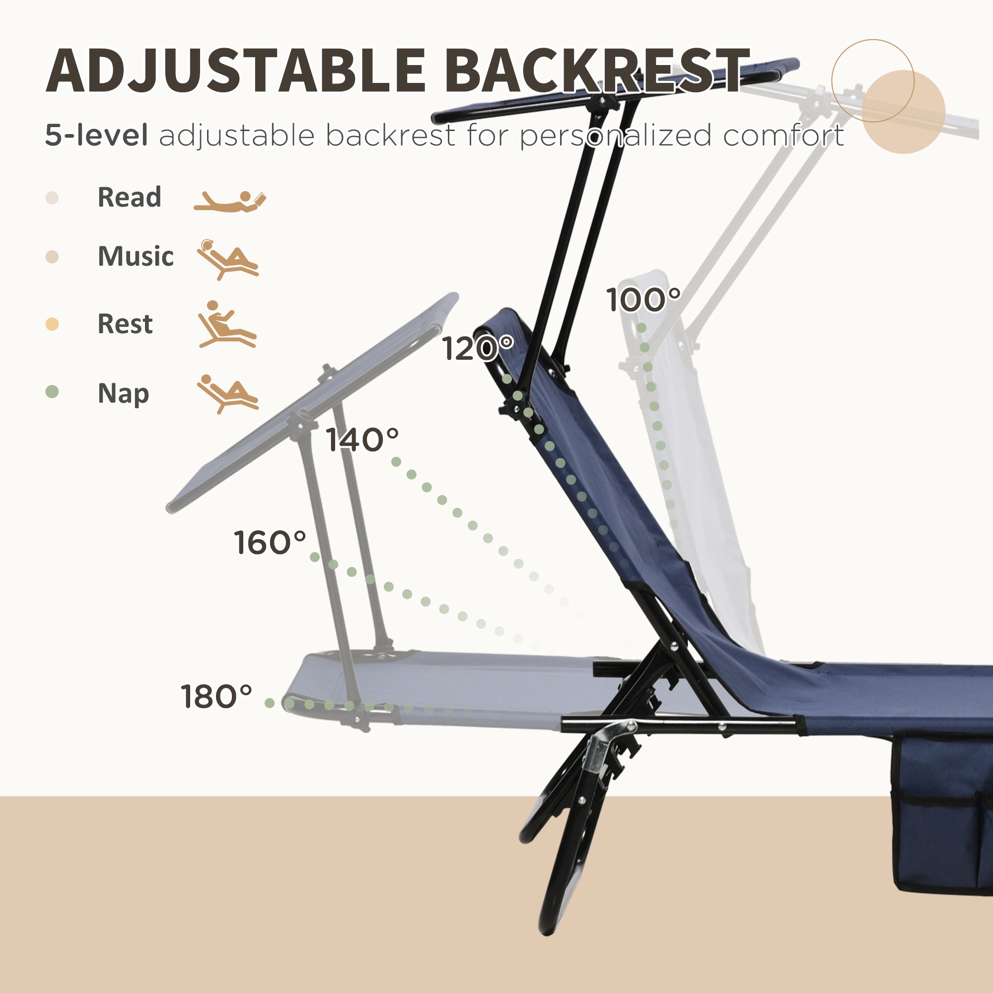 Outsunny Outdoor Chaise Lounge Chairs Set of 2 with Recliner Back and Sunshade for Pool Beach Patio Blue